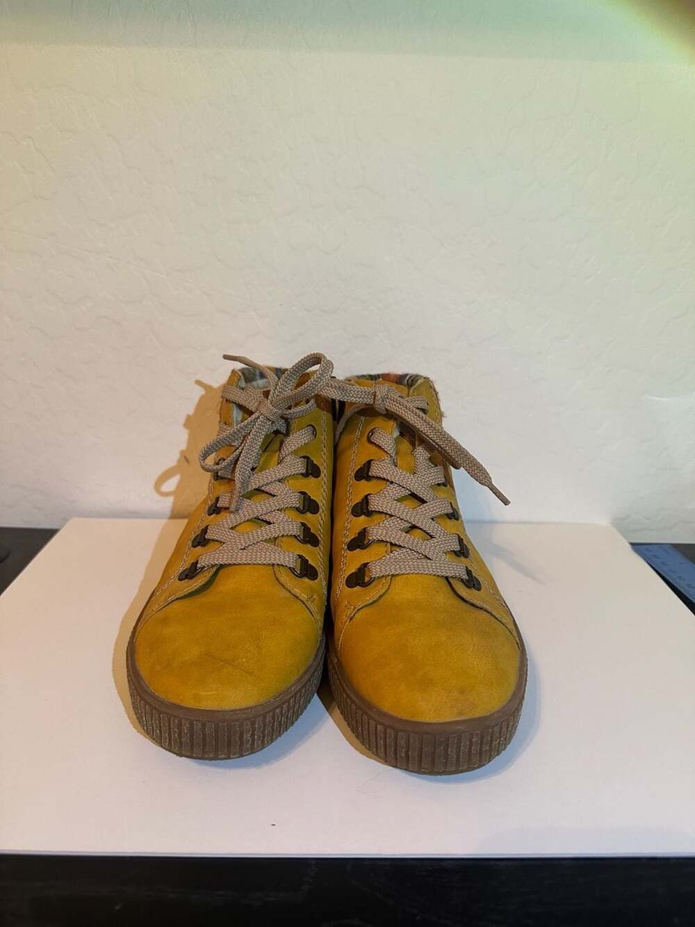 Rieker M6411 Mustard Yellow Faux Fur Lined Lace-Up Ankle‎ Boots